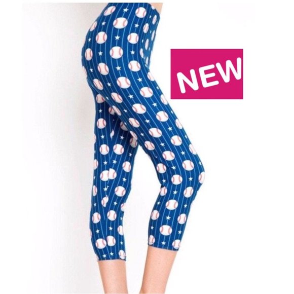 ⭐SALE⭐NEW Womens Capri Baseball Star Printed Leggings Blue/White - Picture 4 of 6